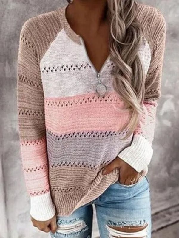 Multi Casual Graphic Tops Long Sleeve V Neck Stripe Splicing Sweater