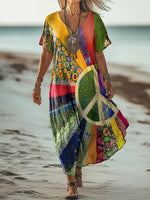 Vintage Colourful V-neck Short Sleeve Dress