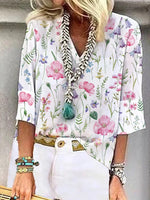 Multicolor Casual Graphic Tops V Neck Floral Printed 3/4 Sleeve Blouse