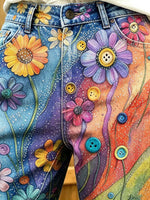Women's Whimsical Daisy Print Denim Bermuda Shorts