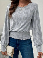 Grey Plain Round Neck Long Sleeve Top