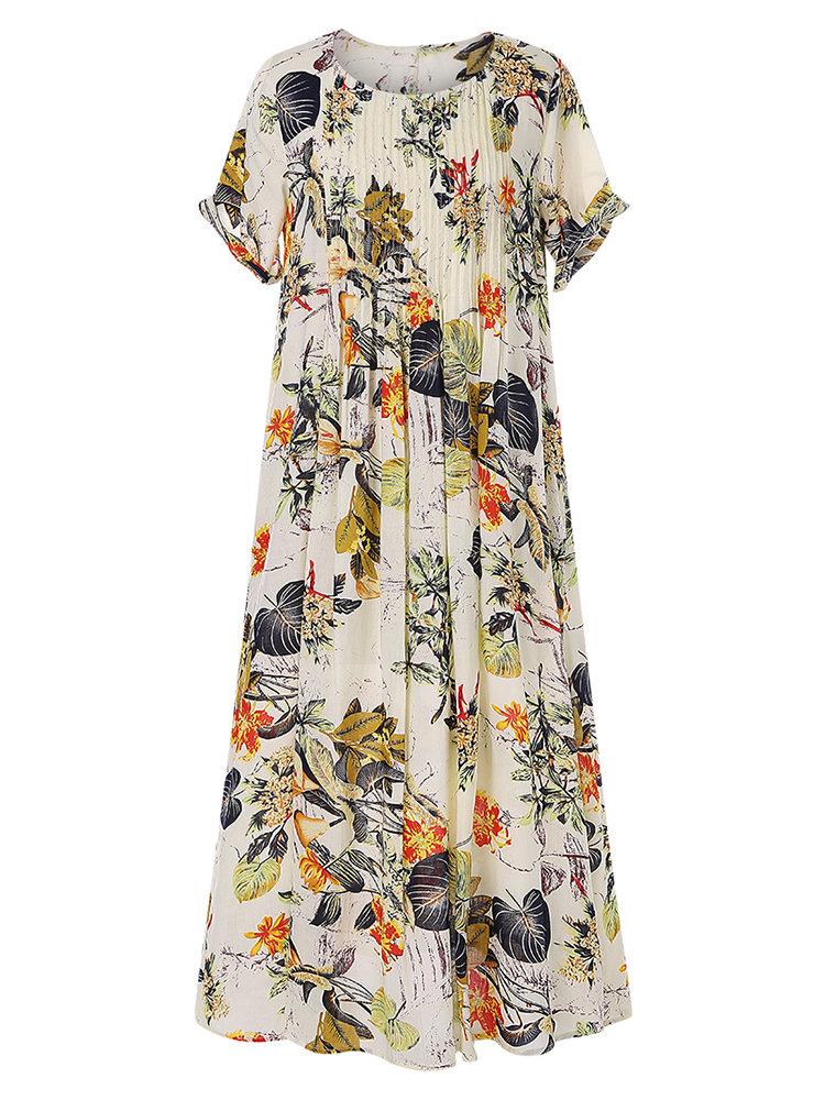 Pleated Leaves Floral Print Vintage Dress