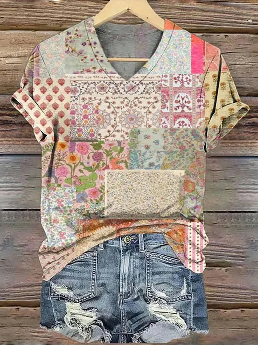 Vintage Floral Print V-neck Short Sleeve T-Shirt