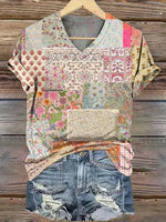 Vintage Floral Print V-neck Short Sleeve T-Shirt