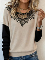 Brown Color Block Sweater with Black Lace Insert