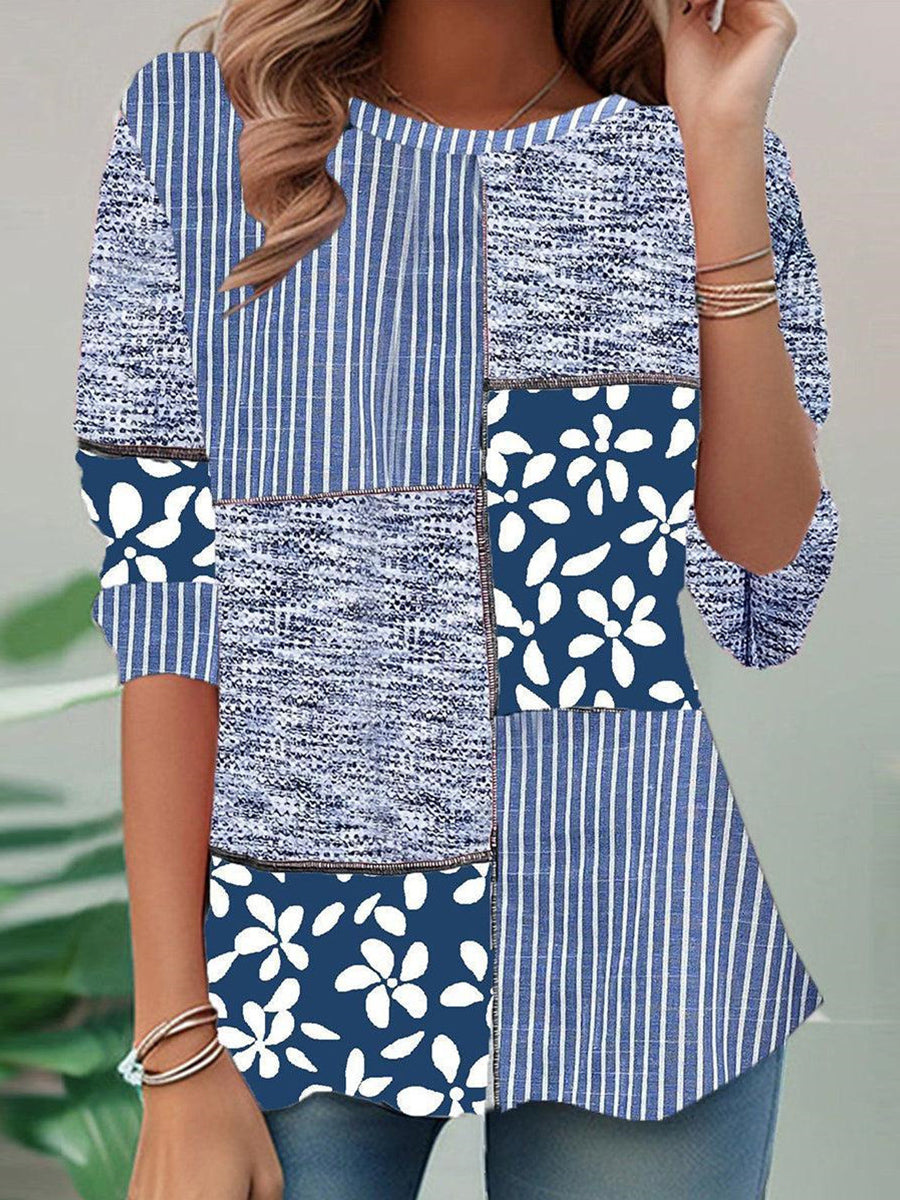 Fresh Striped Print Round Neck Long Sleeve Top