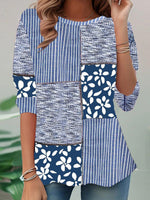 Fresh Striped Print Round Neck Long Sleeve Top