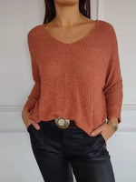Casual Sweater Plain V-Neck Knitted Long Sleeve Tops