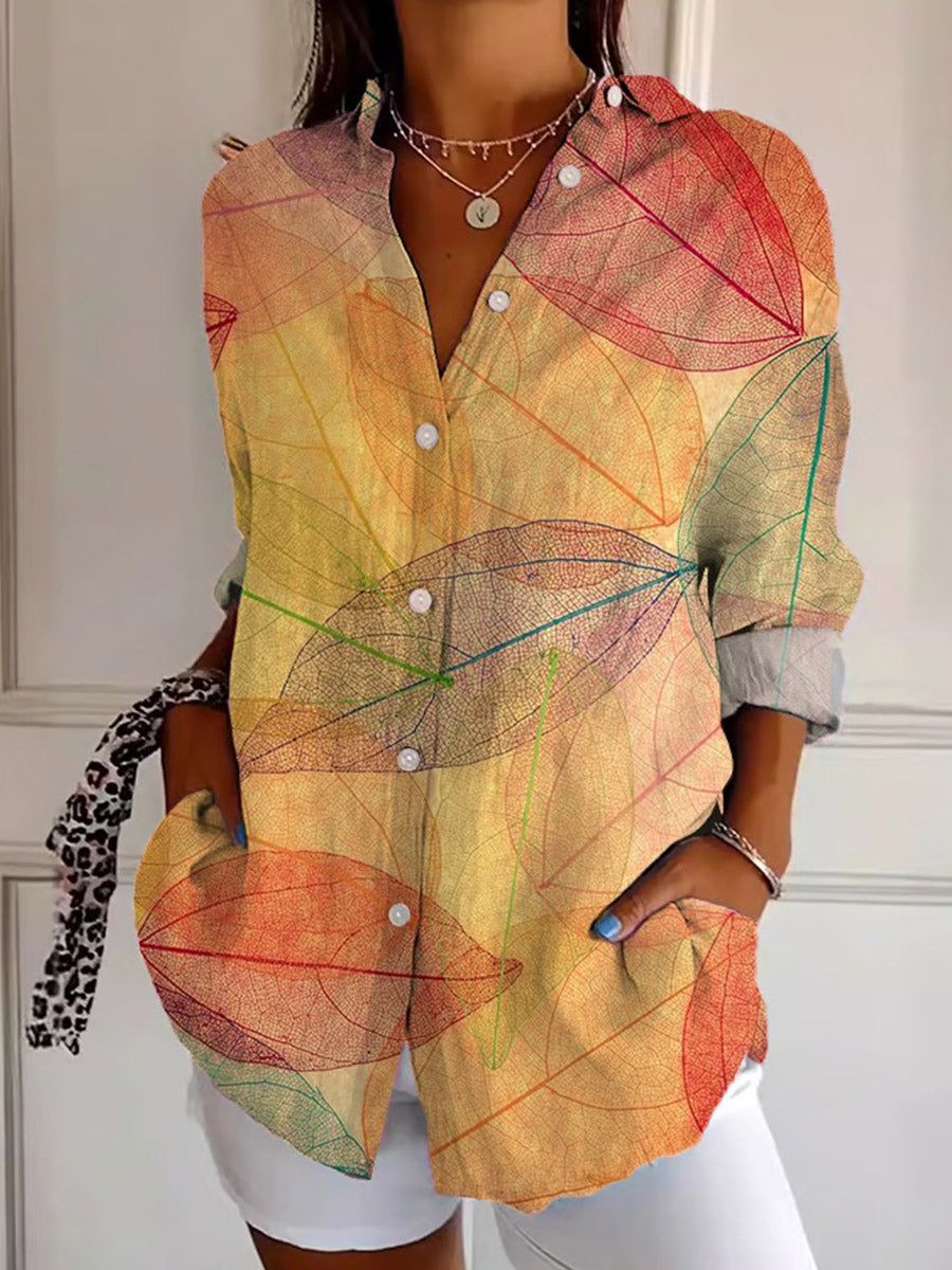 Women's Fall Leaf Print Long Sleeve Shirt