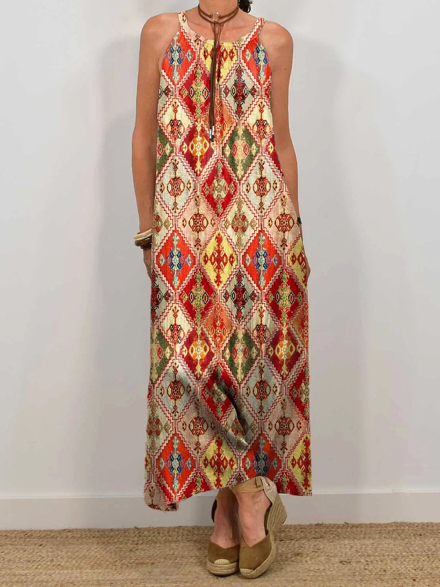Women's Colorful Ethnic Geometric Art Print Sleeveless Pocket Dress