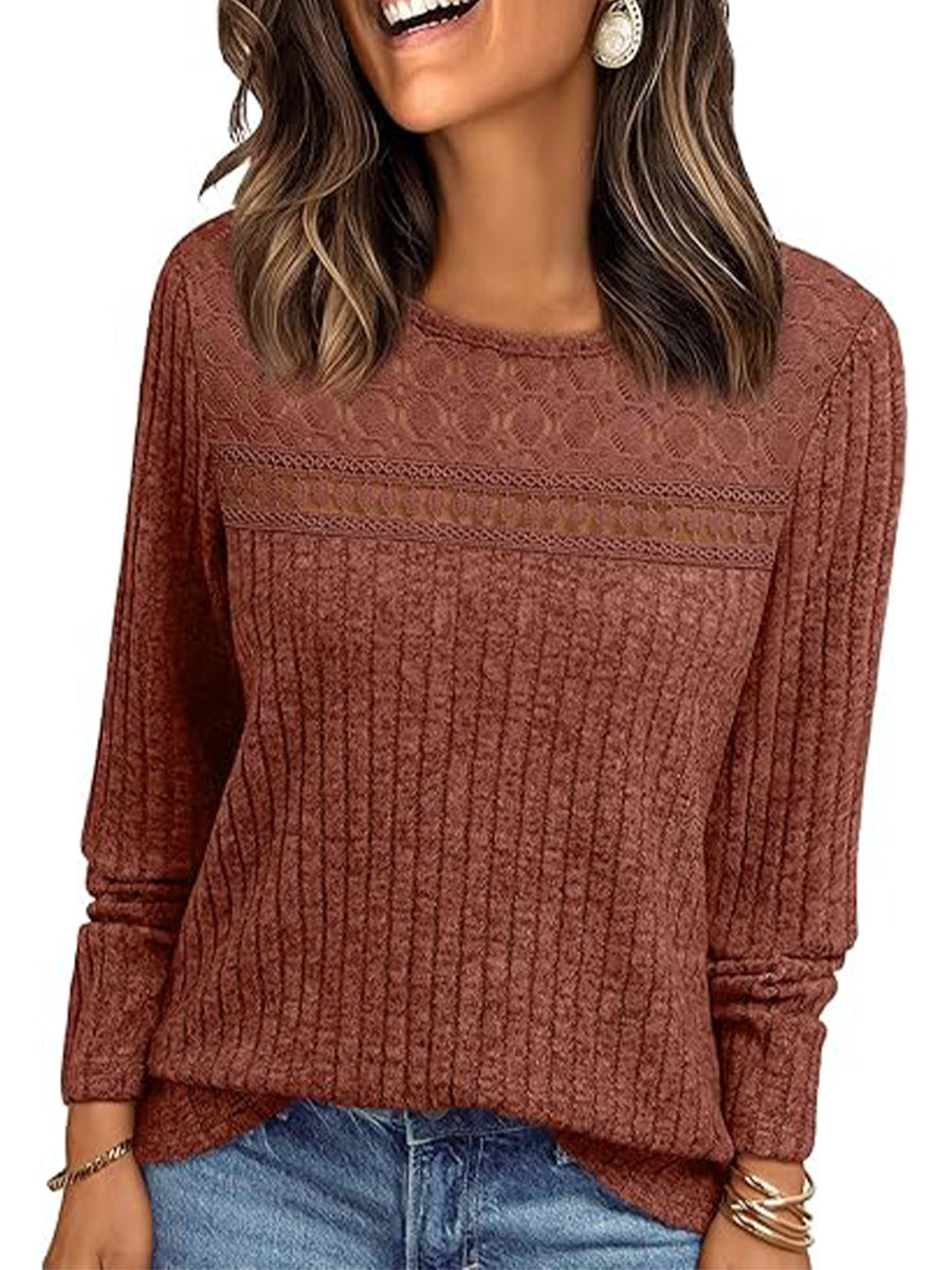 Casual Lace Round Neck Long Sleeve Plain Sweater
