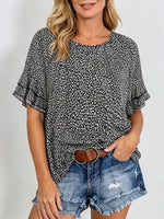 Black Mini Speckle Ruffle Short Sleeve Round Neck Casual Top