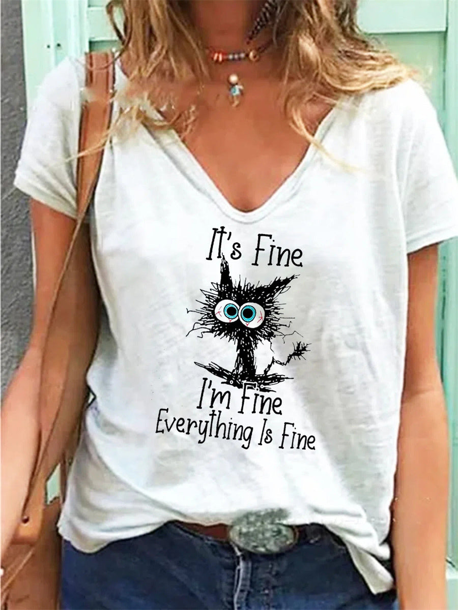 Cat Alphabet Print V-neck Short Sleeves T-shirt
