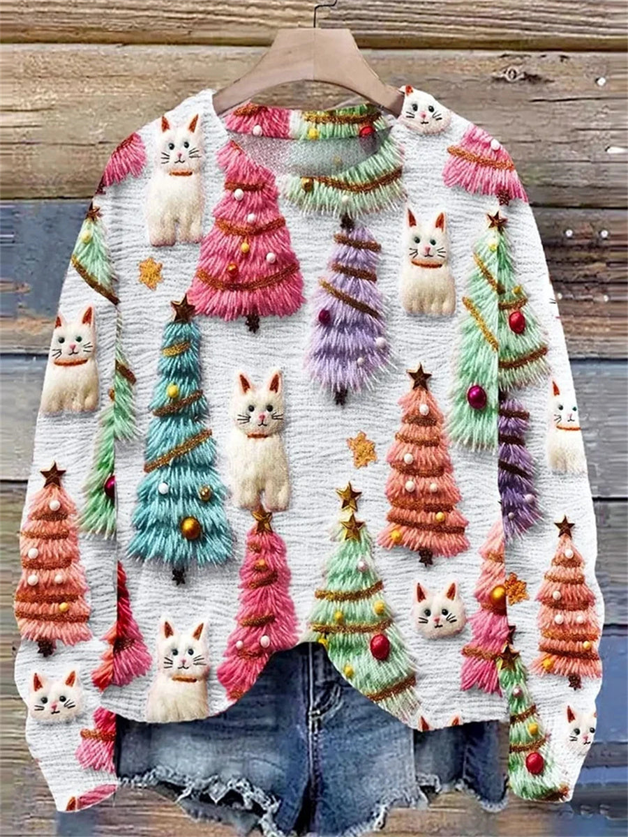 Christmas Tree Cute Cat Print Round Neck Long SleevePullover Sweater