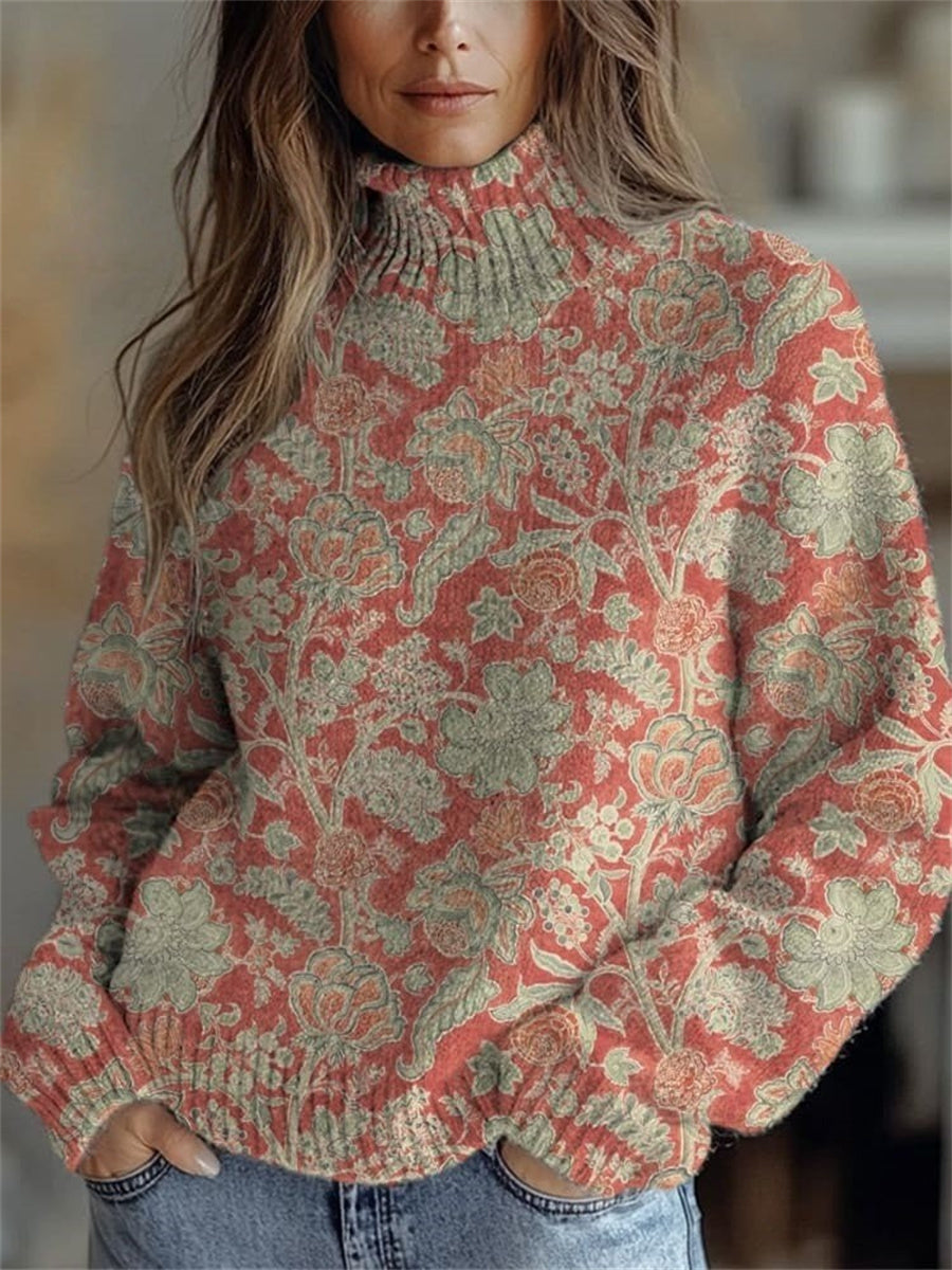 Retro Floral Print Round Neck Long Sleeve Comfy Sweater