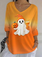 Women's Casual Autumn Gradient Ghost Print V-neck Bubble Ruffle Long Sleeve Top