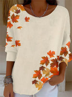 Women's Retro Autumn Maple Leaf Print Round Neck Long Sleeve Top