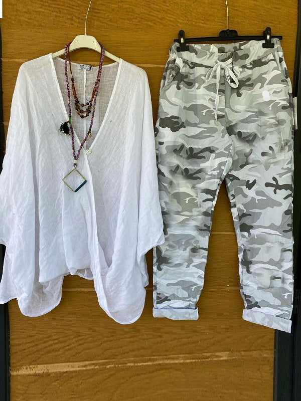 White Green Casual Style Camouflage Printed V-neck Short Sleeve Two Piece Suit