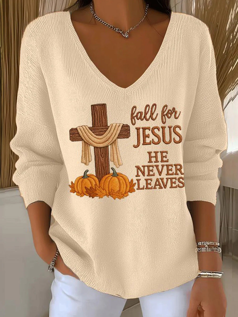 Beige Long Sleeve V-Neck Sweater