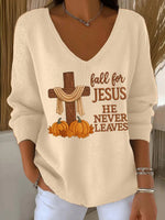Beige Long Sleeve V-Neck Sweater