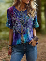 Gradient Tree Print Round Neck Short Sleeve T-Shirt