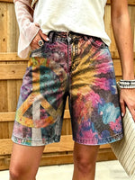 Women's Peace Symbol Tie-Dye Art Print Cotton Denim Shorts