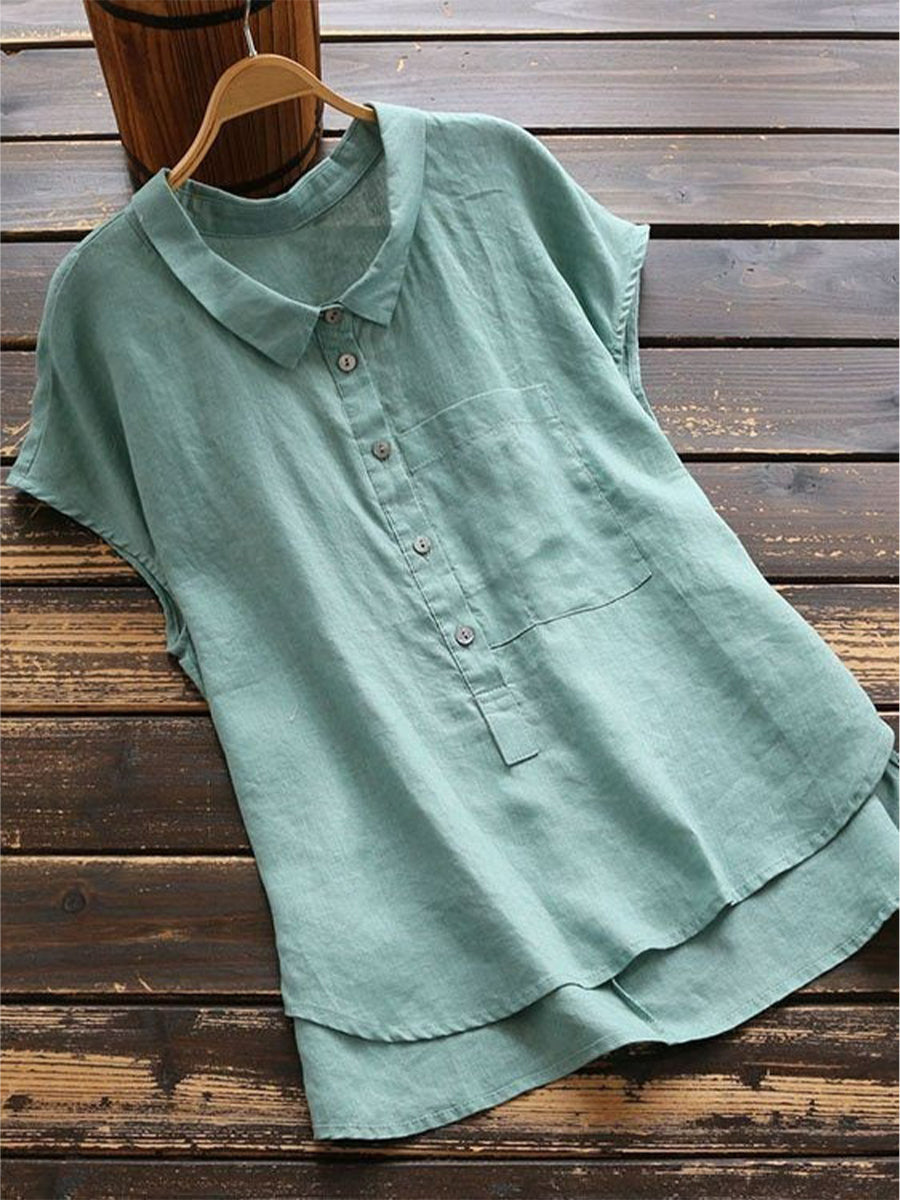 Blue Cute Buttoned Lapel Blouse