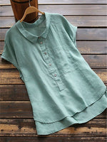 Blue Cute Buttoned Lapel Blouse