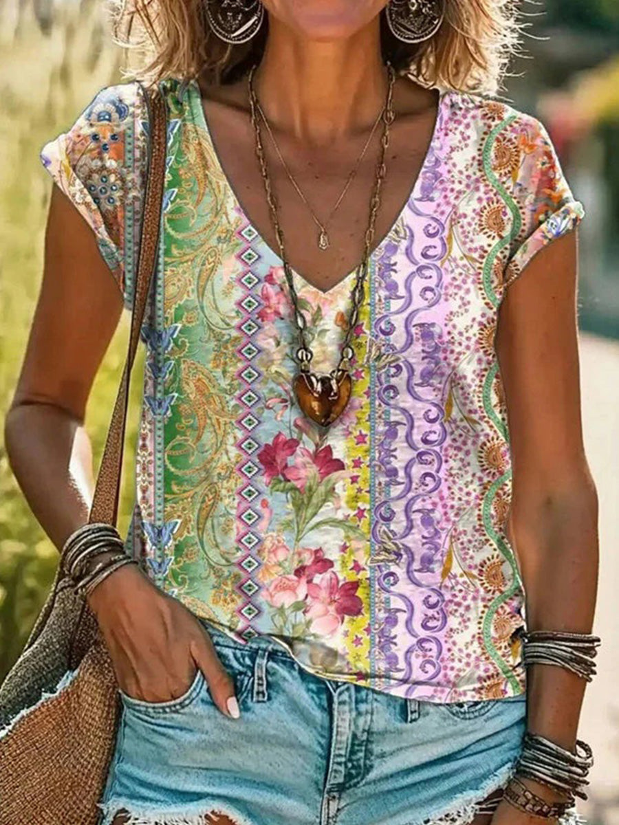 Vintage Floral Print V-neck Short Sleeve T-Shirt