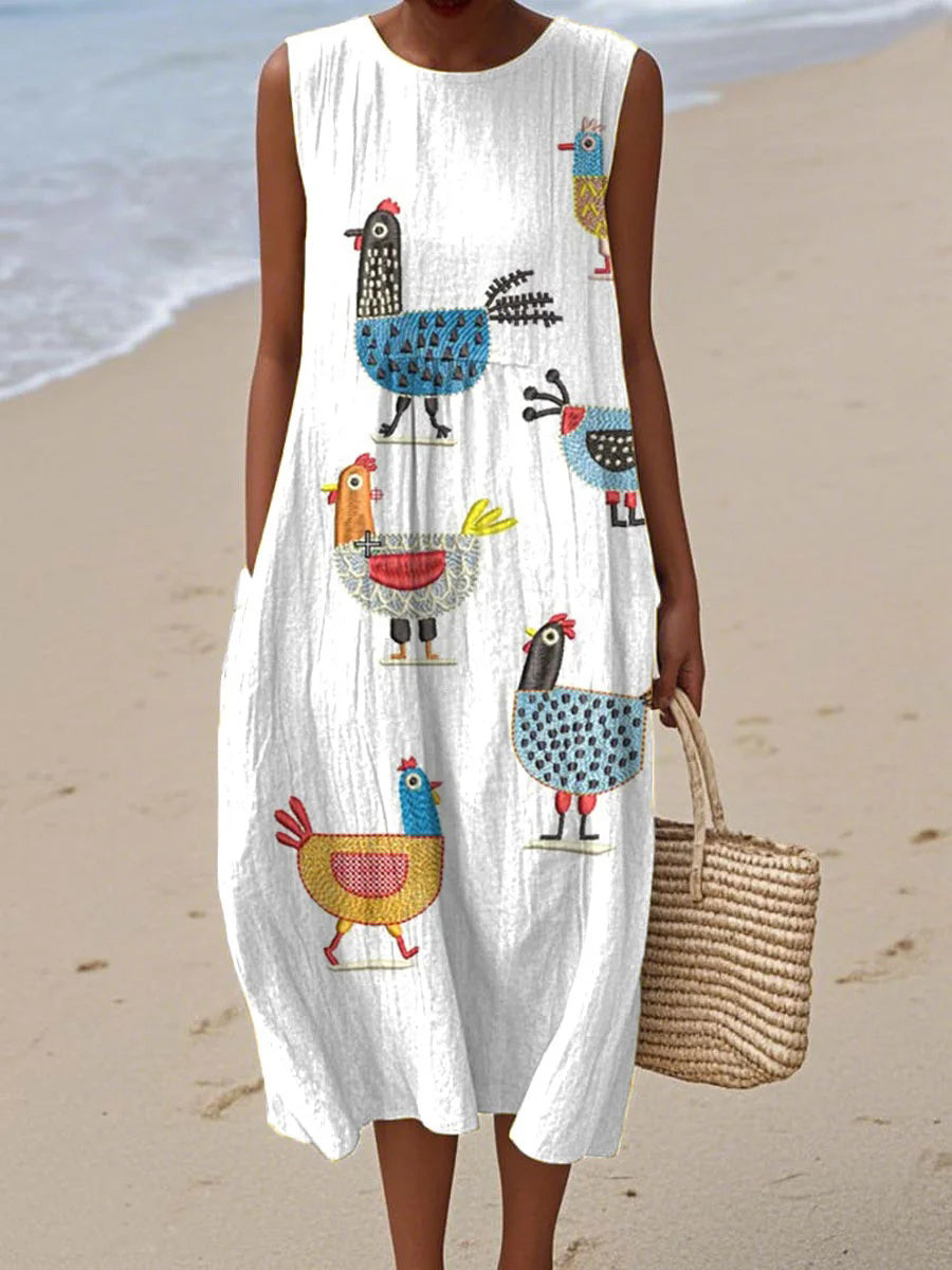 Women’s Fun Chicken Print Sleeveless Midi Dress