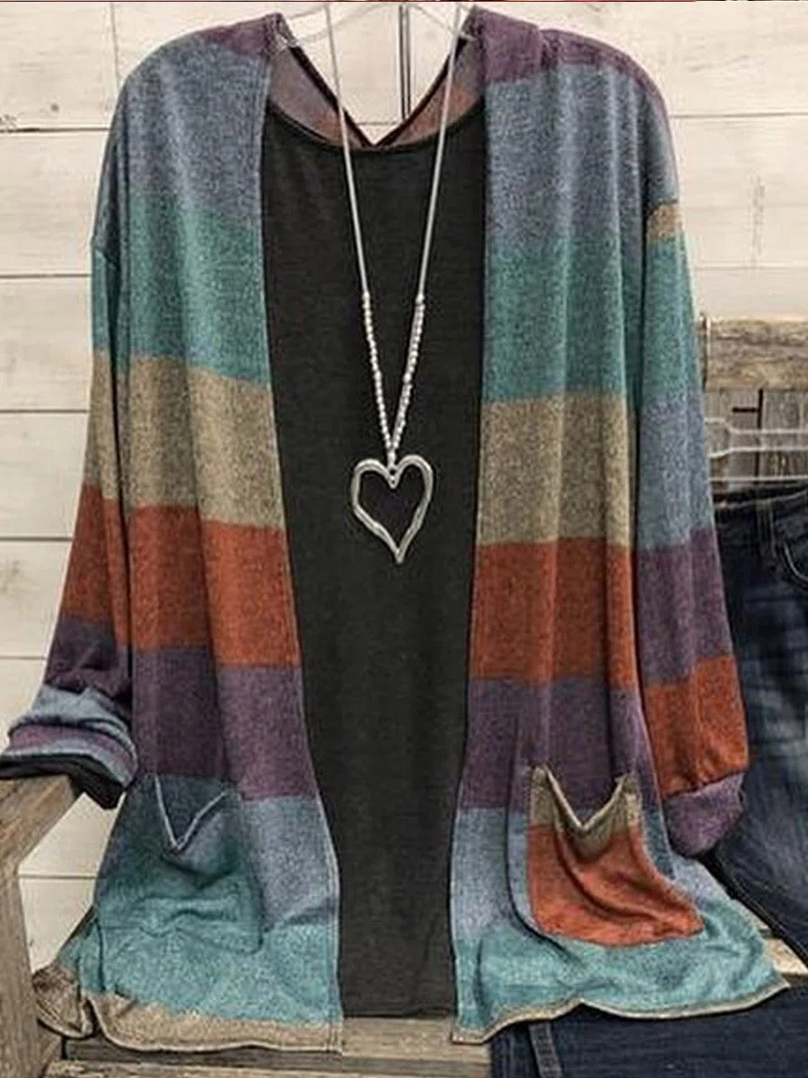 Multi Casual Graphic Tops Long Sleeve Stripe Splicing Sweater