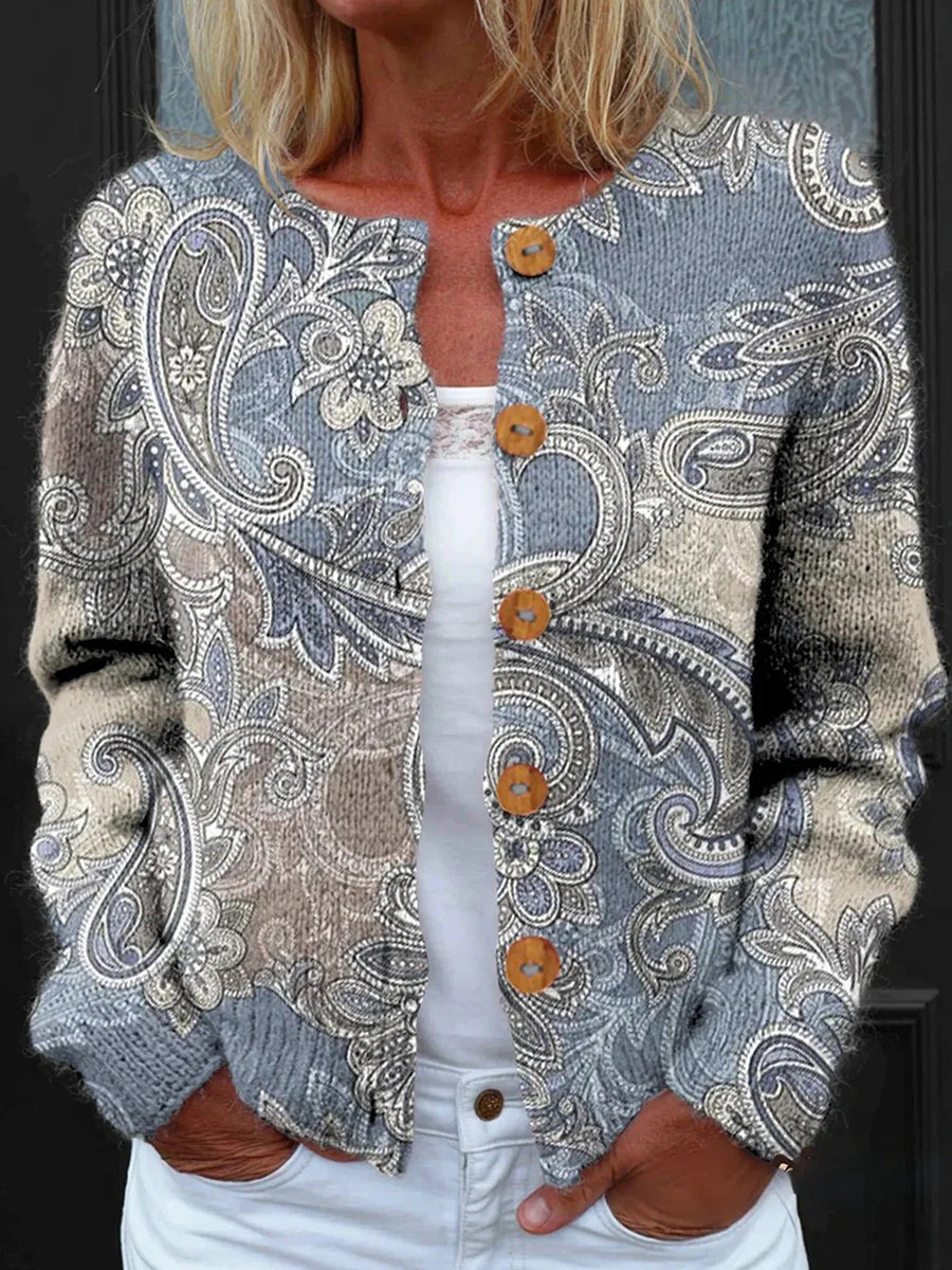 Ethnic Print Buttoned Long Sleeve Cardigan