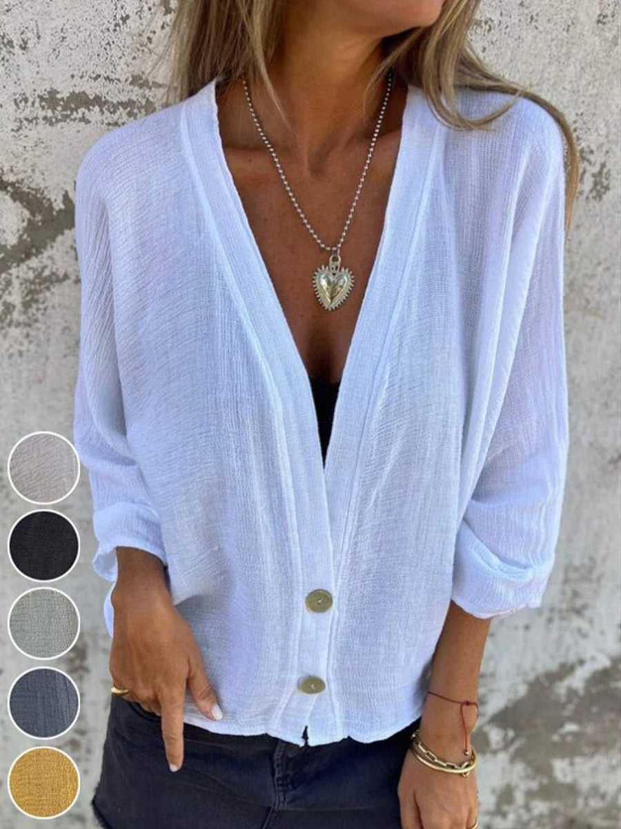 V Neck Long Sleeve Plain Buckle Regular Loose Blouse