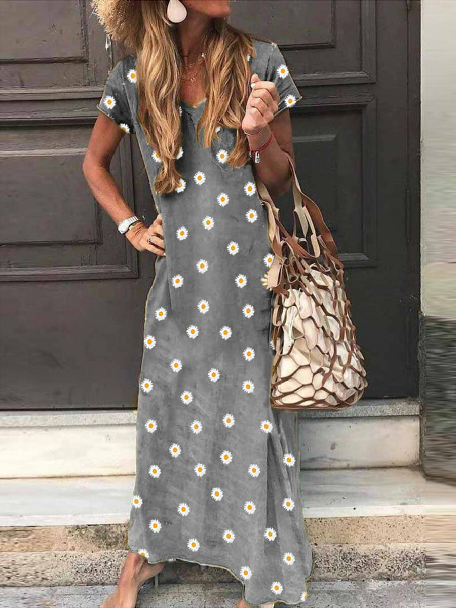 Casual V-neck Little Daisy Printed Short Sleeve Dress