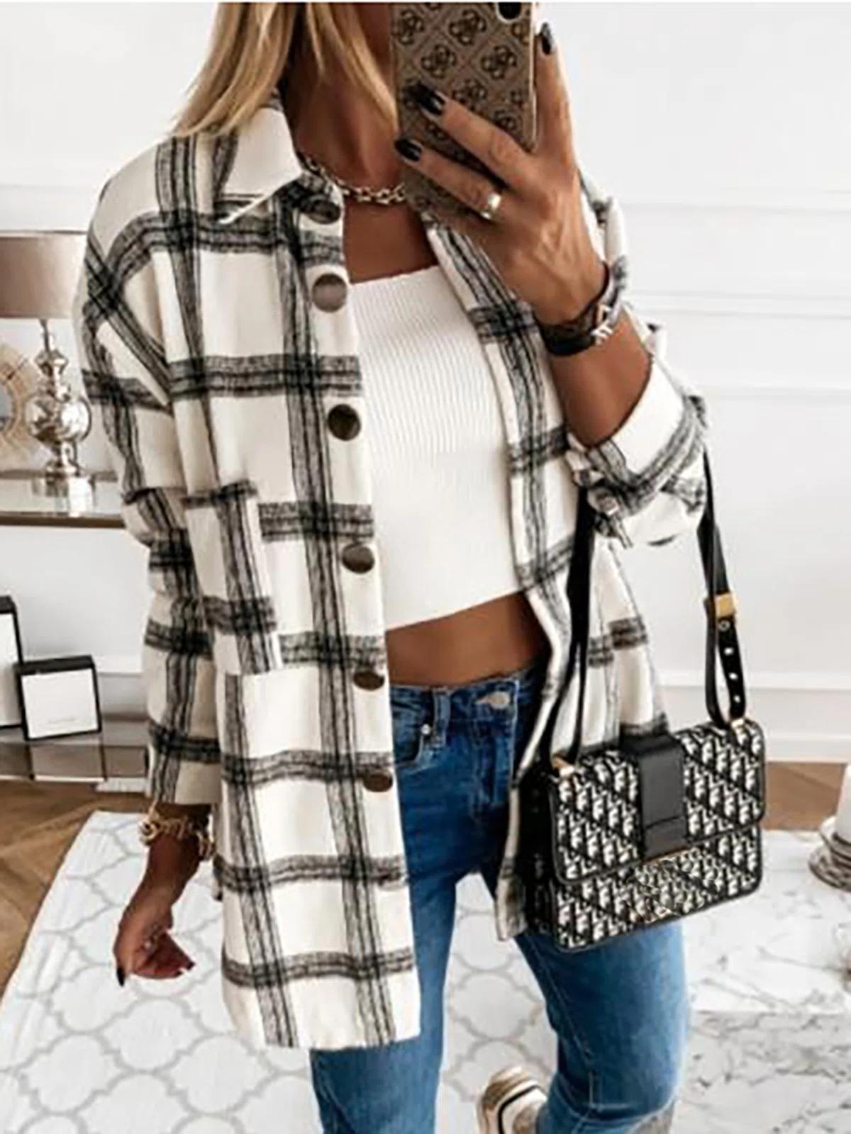 Black Casual Collar Plaid Long Sleeve Blouse