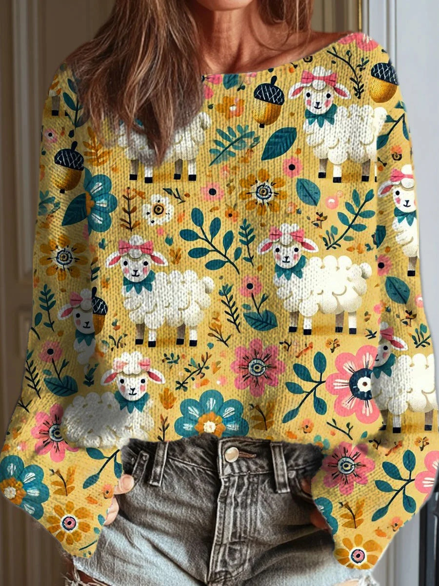 Women's Vintage Flower Sheep Art Print Casual Round Neck Long Sleeve Pullover Sweater