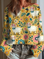 Women's Vintage Flower Sheep Art Print Casual Round Neck Long Sleeve Pullover Sweater