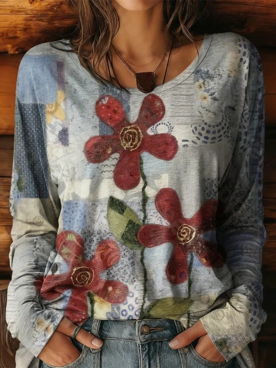 Vintage Floral Print Round Neck Long Sleeve T-Shirt