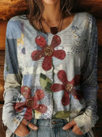 Vintage Floral Print Round Neck Long Sleeve T-Shirt