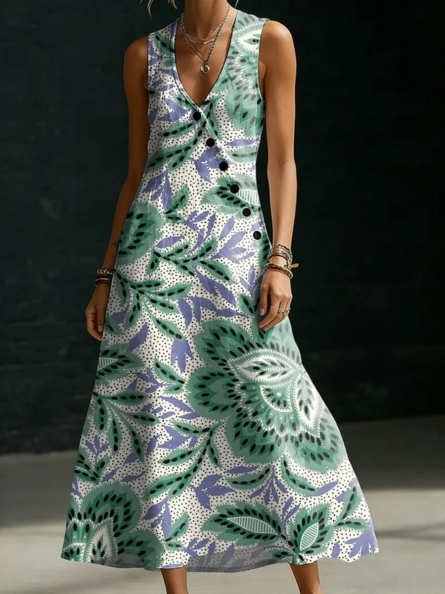 Casual Floral Print V-neck Sleeveless Button-up Maxi Dress
