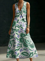 Casual Floral Print V-neck Sleeveless Button-up Maxi Dress