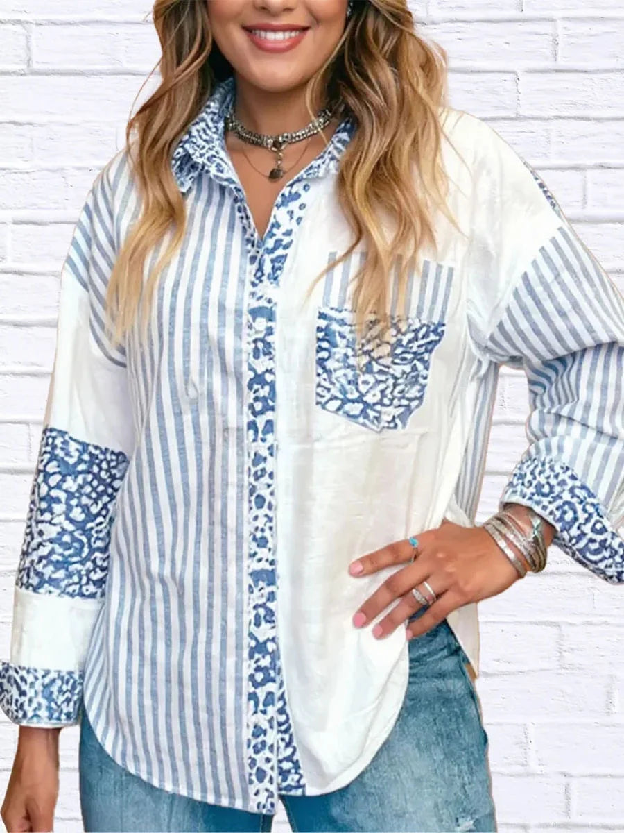 Stripe Leopard Patchwork Oversized Collared Long Sleeve Shirt