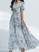 Blue Floral Print V-neck Short Sleeve Dress