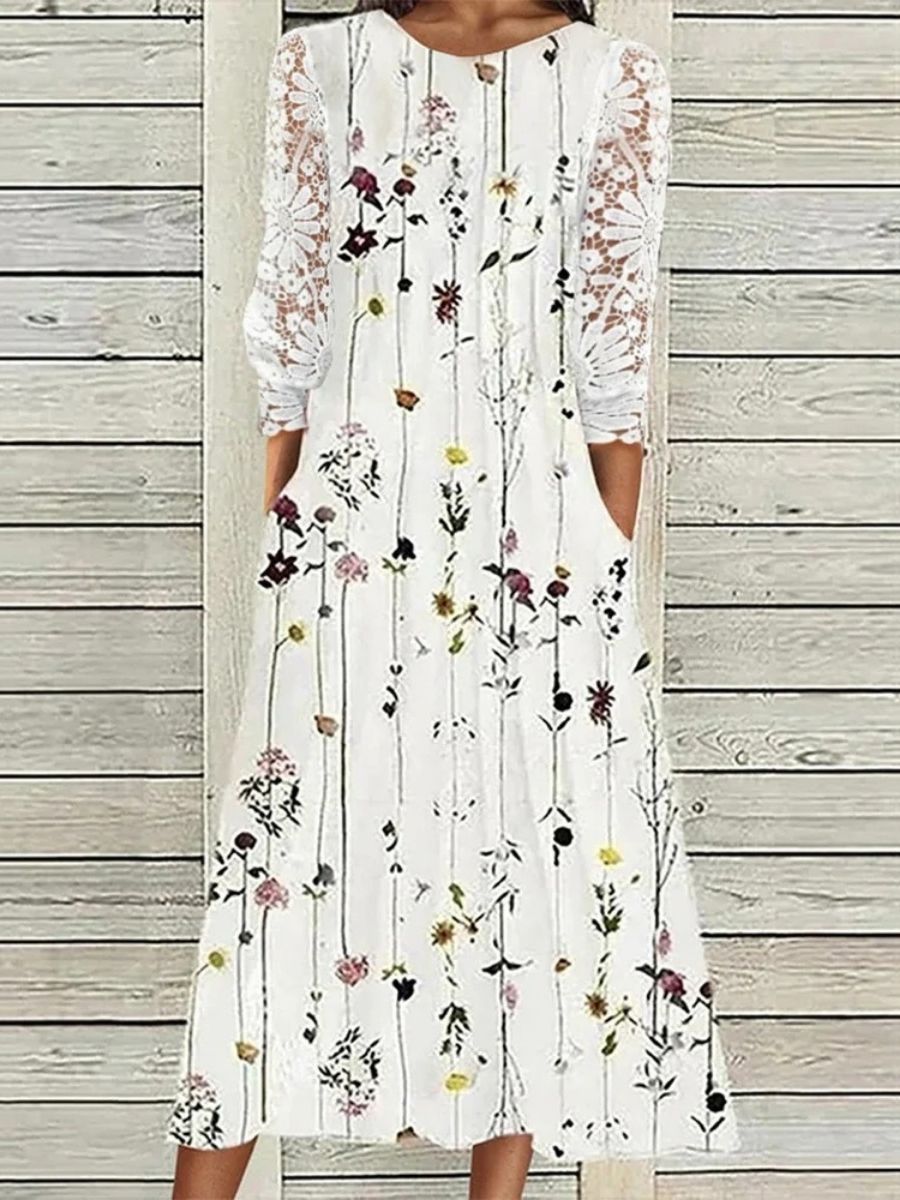 White Casual Round Neck Floral Printed Long Sleeve Dresses