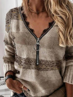 Khaki Casual Tops V-neck Long Sleeve Leopard Printed Sweater