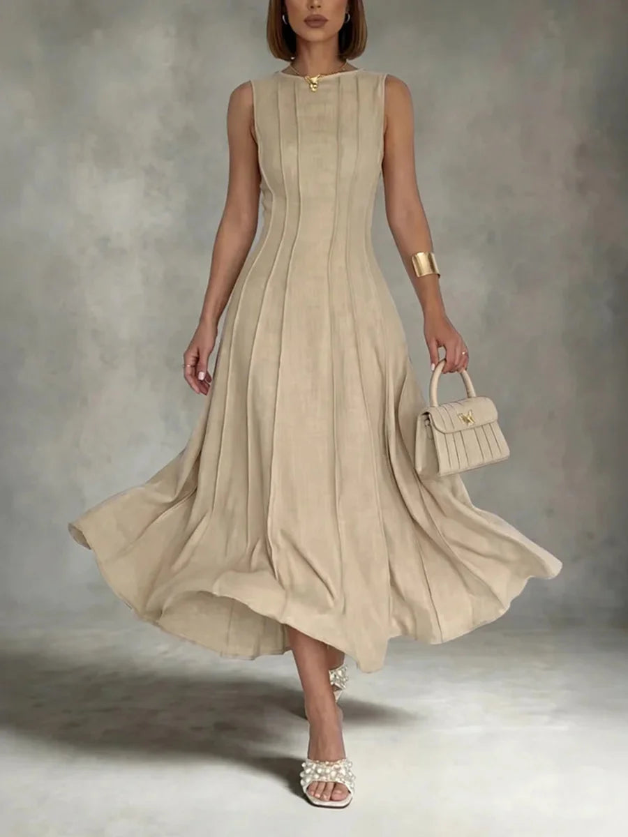 Women's Round Neck Sleeveless Pleated Dress