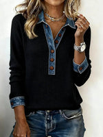 Cool Long Sleeve Denim Collar Button Front Top