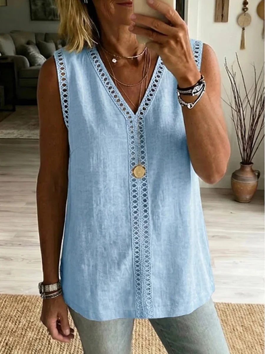 Casual V-neck Sleeveless Cutout Webbing And Patchwork Top