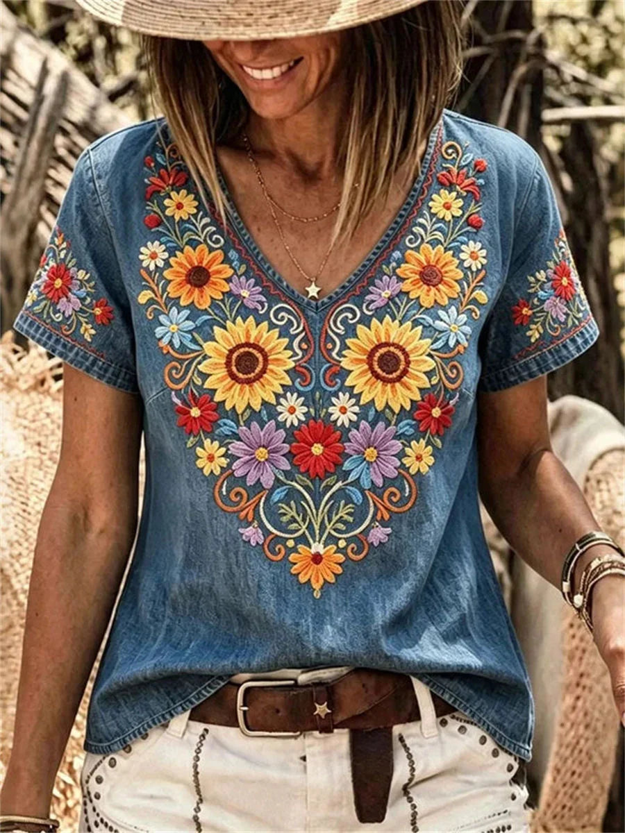 Vintage Floral Print Round Neck Short Sleeve Blouse