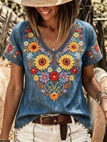 Vintage Floral Print Round Neck Short Sleeve Blouse